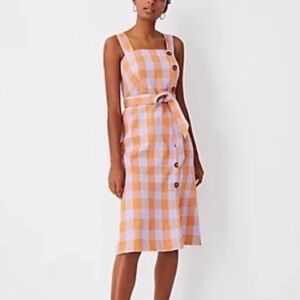 Ann Taylor Orange Purple Gingham Midi Dress Size 6 Office Career Professional